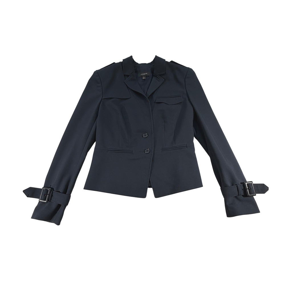 Ann Taylor Cropped‎ Trench Blazer Jacket Womens 4 Navy Blue Buckle Cuffs
